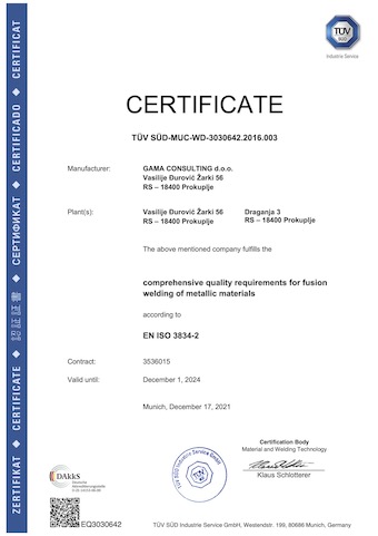 TUV Certificate EN ISO 3834-2