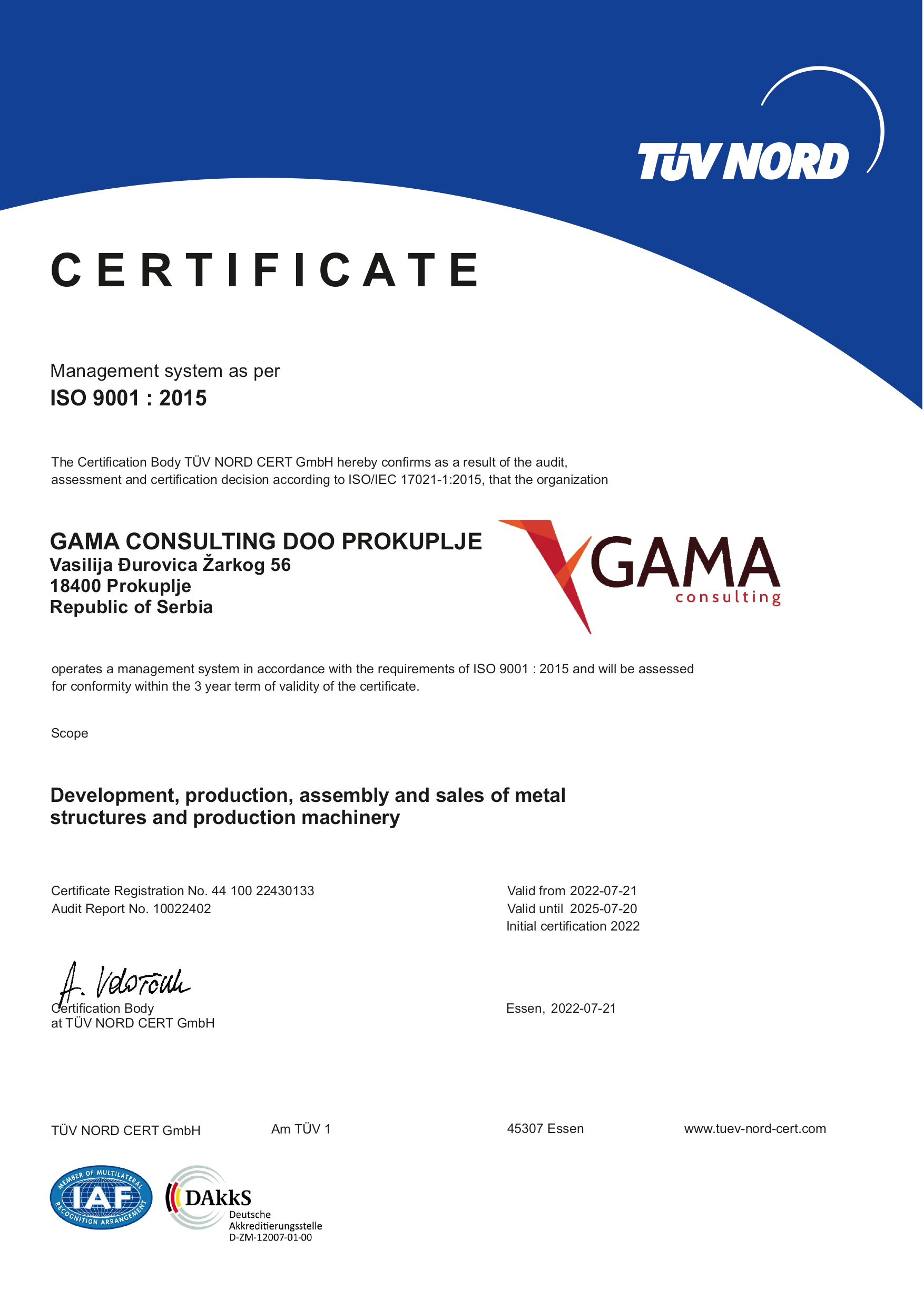 TUV Certificate ISO 9001:2015